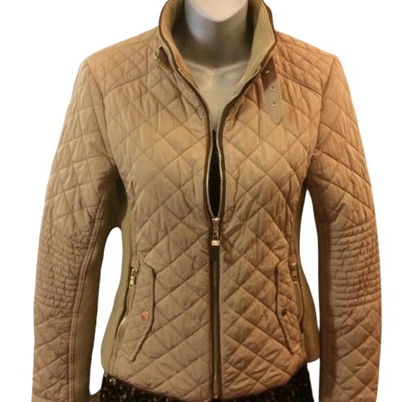 Zara Quilted Moto Jacket Women’s Size Medium Tan Gold Cropped Stretch Side Panel - Picture 2 of 6